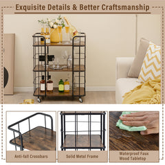 3-Tier Rolling Buffet Serving Cart with Lockable Wheels and Metal Frame-Rusticbrown