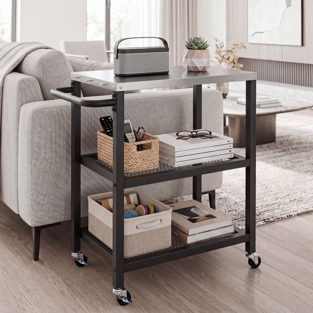 3-Tier Rolling Grill Cart with Stainless Top and Hanging Posts for Kitchen-Black