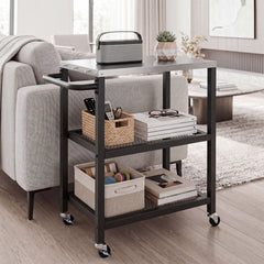 3-Tier Rolling Grill Cart with Stainless Top and Hanging Posts for Kitchen-Black