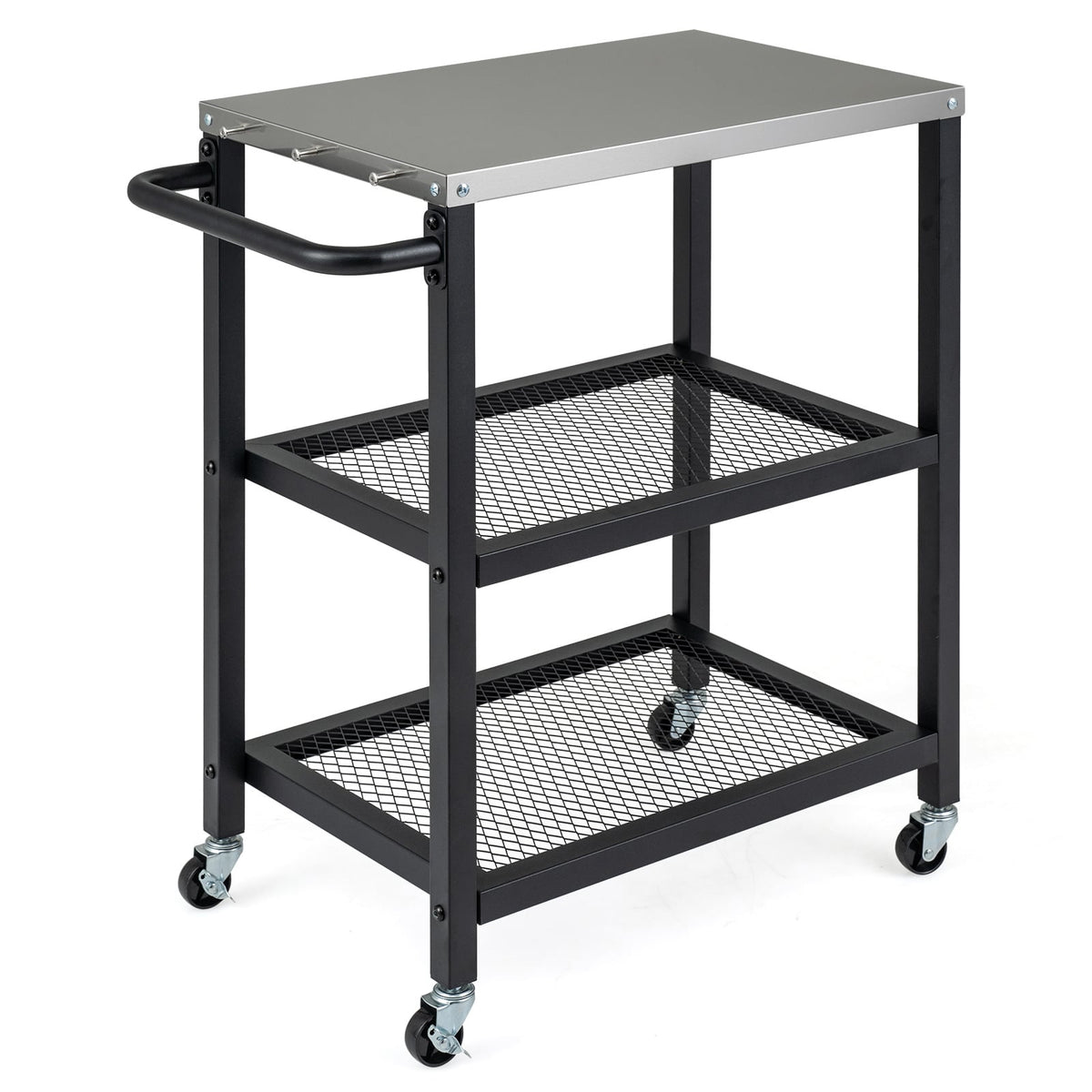 3-Tier Rolling Grill Cart with Stainless Top and Hanging Posts for Kitchen-Black