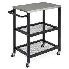 3-Tier Rolling Grill Cart with Stainless Top and Hanging Posts for Kitchen-Black