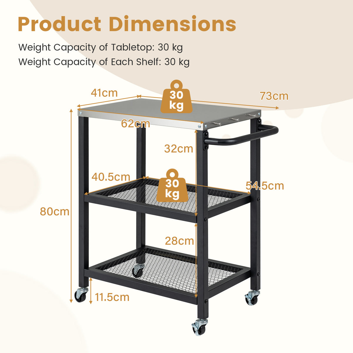 3-Tier Rolling Grill Cart with Stainless Top and Hanging Posts for Kitchen-Black