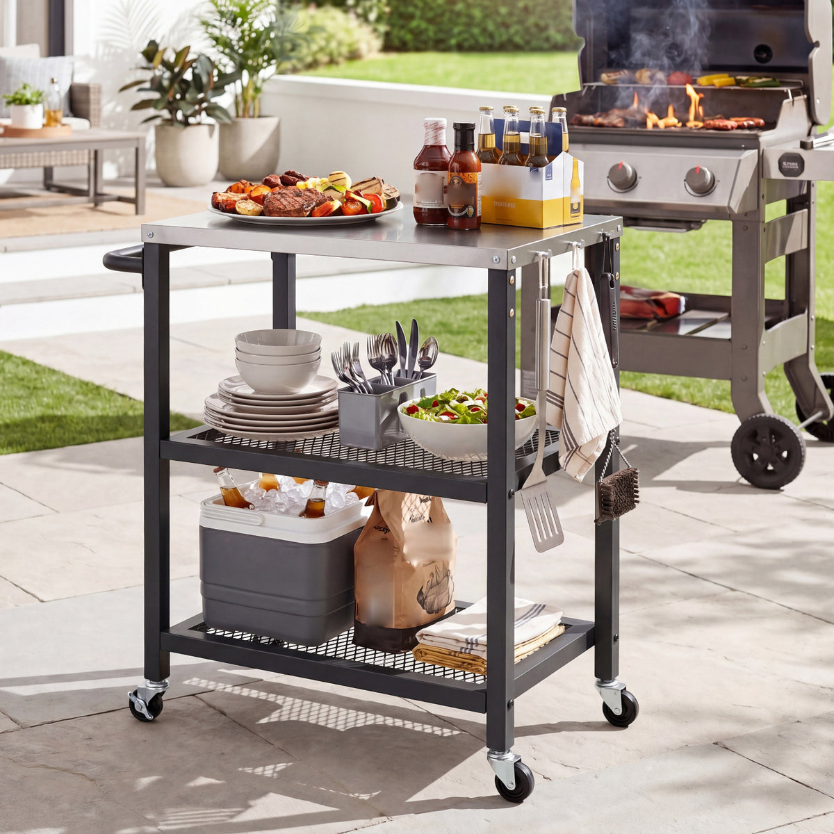 3-Tier Rolling Grill Cart with Stainless Top and Hanging Posts for Kitchen-Black