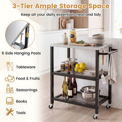 3-Tier Rolling Grill Cart with Stainless Top and Hanging Posts for Kitchen-Black