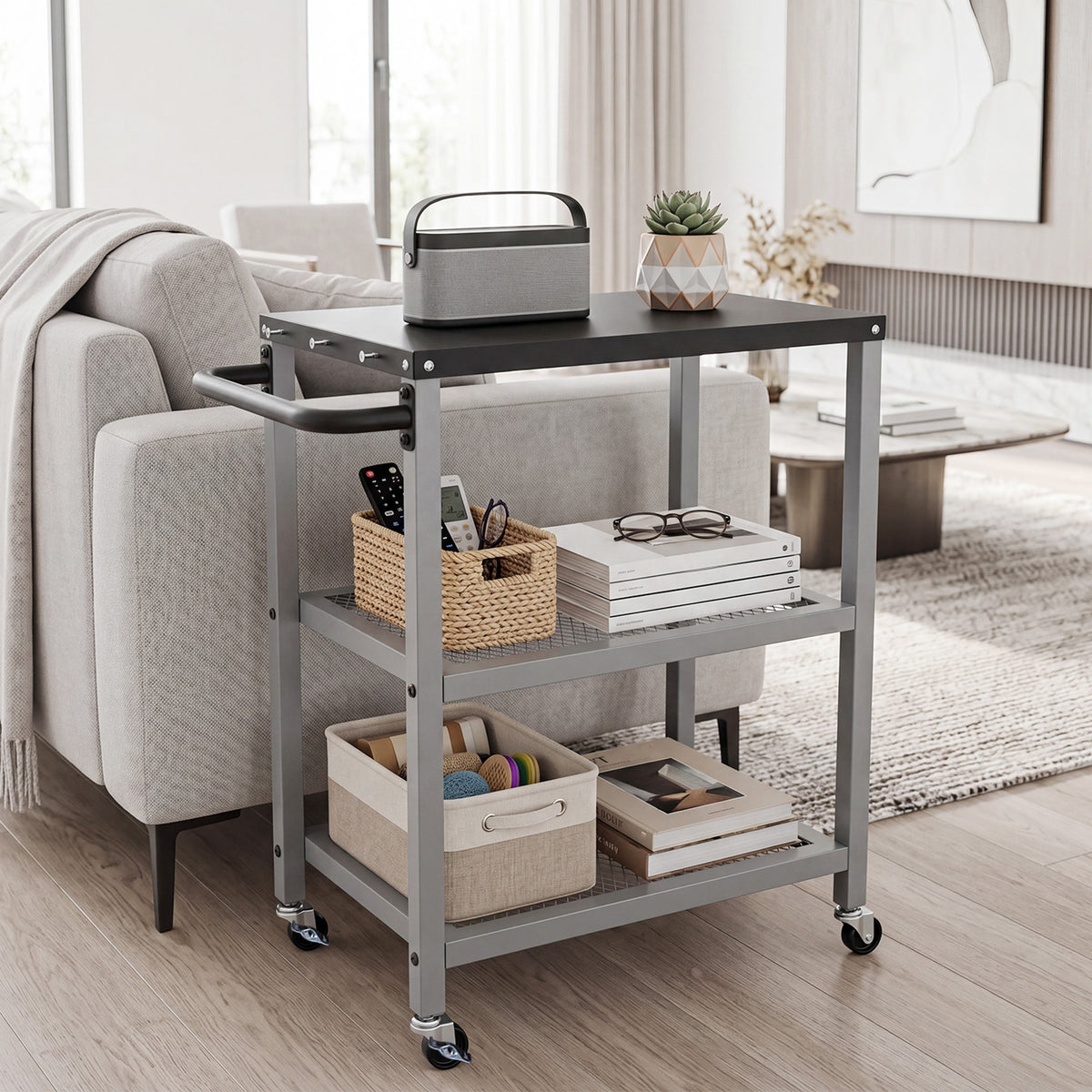 3-Tier Rolling Grill Cart with Stainless Top and Hanging Posts for Kitchen-Silver