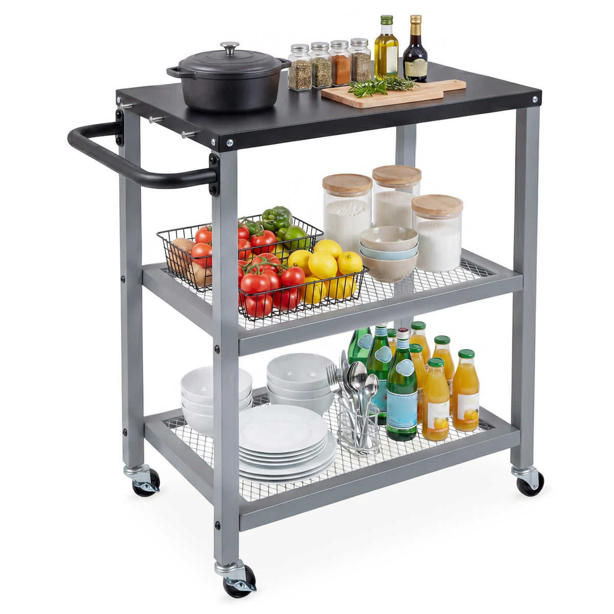 3-Tier Rolling Grill Cart with Stainless Top and Hanging Posts for Kitchen-Silver