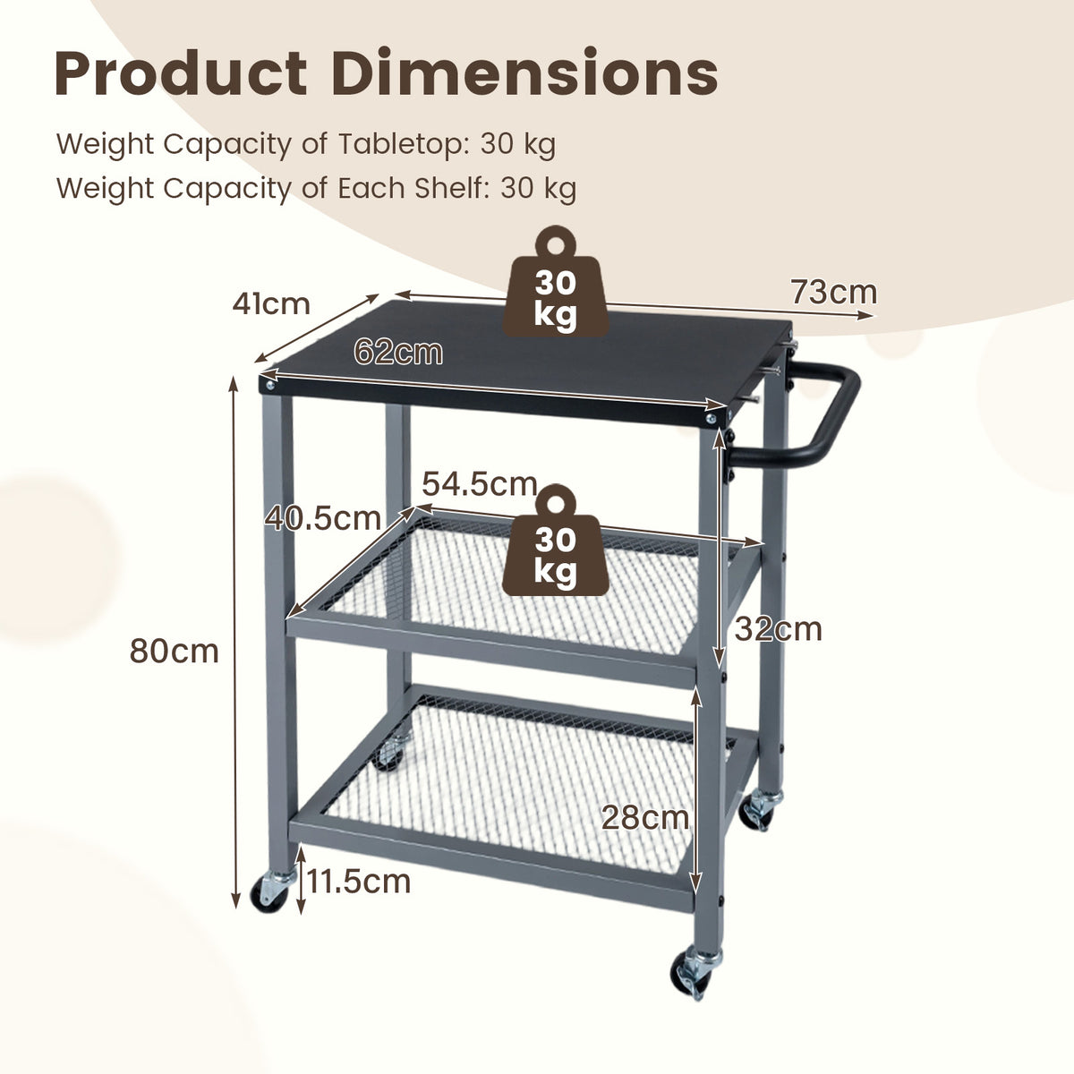 3-Tier Rolling Grill Cart with Stainless Top and Hanging Posts for Kitchen-Silver