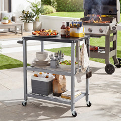 3-Tier Rolling Grill Cart with Stainless Top and Hanging Posts for Kitchen-Silver
