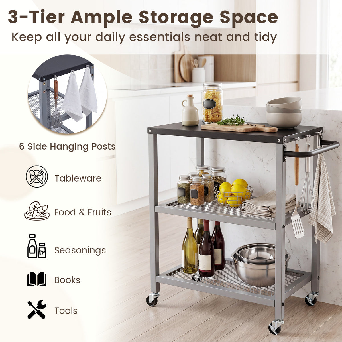 3-Tier Rolling Grill Cart with Stainless Top and Hanging Posts for Kitchen-Silver