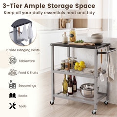 3-Tier Rolling Grill Cart with Stainless Top and Hanging Posts for Kitchen-Silver