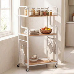 3-Tier Rolling Printer Stand with Storage Shelves and Hooks-Natural