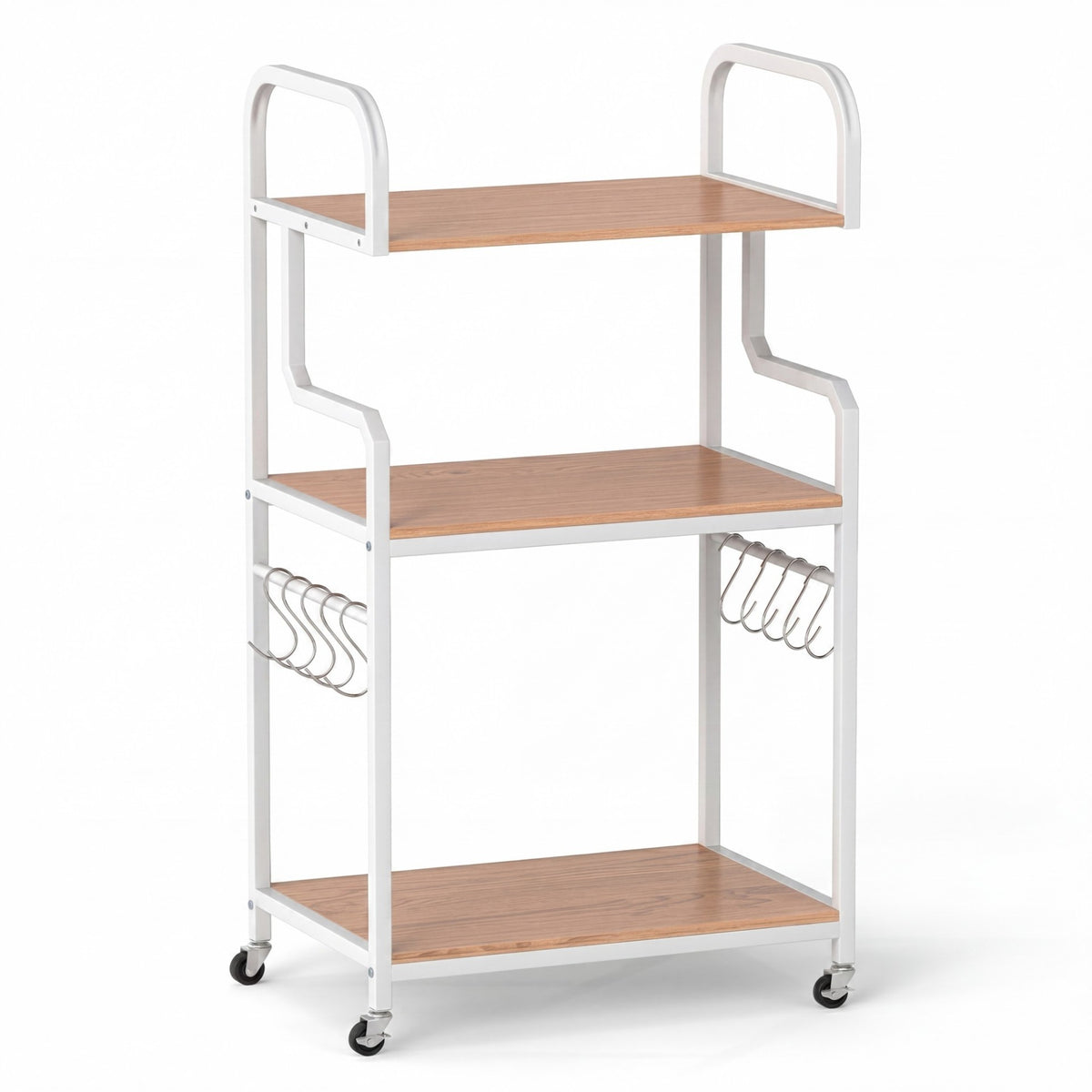 3-Tier Rolling Printer Stand with Storage Shelves and Hooks-Natural