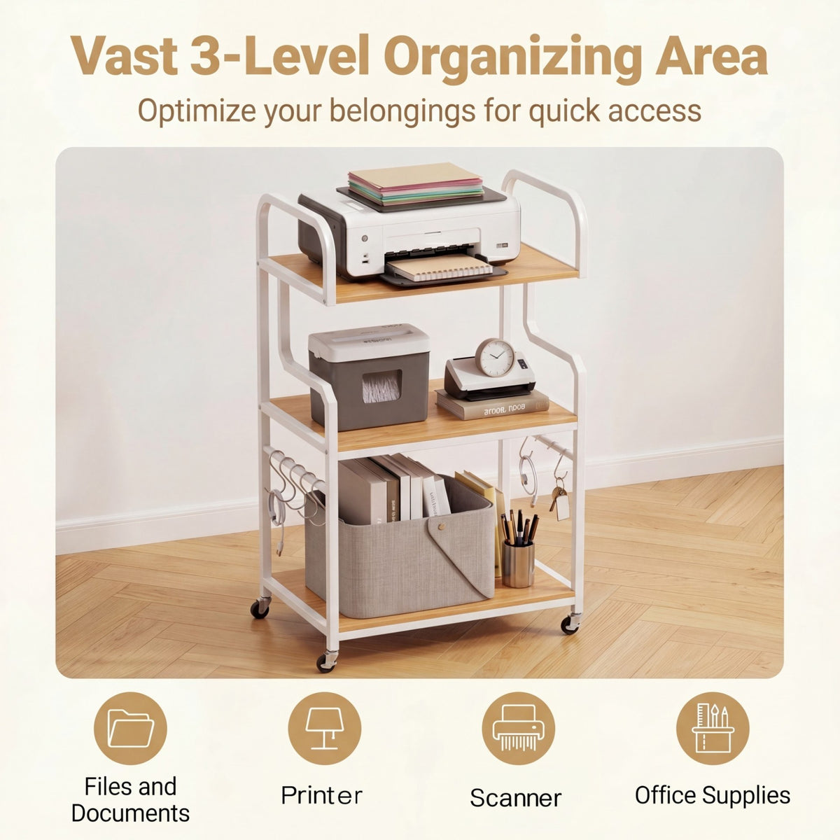 3-Tier Rolling Printer Stand with Storage Shelves and Hooks-Natural