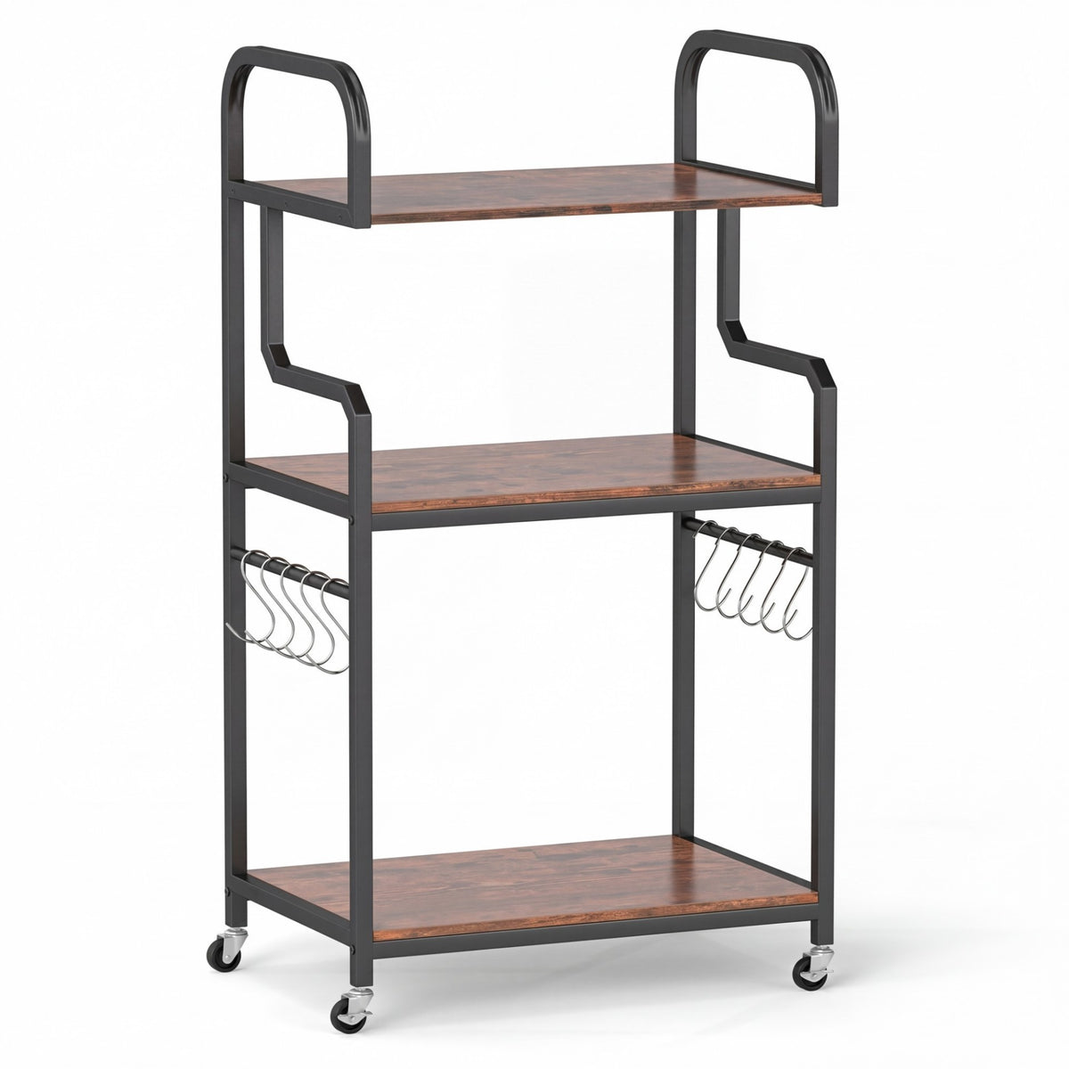 3-Tier Rolling Printer Stand with Storage Shelves and Hooks-Rustic Brown