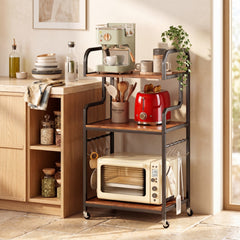 3-Tier Rolling Printer Stand with Storage Shelves and Hooks-Rustic Brown