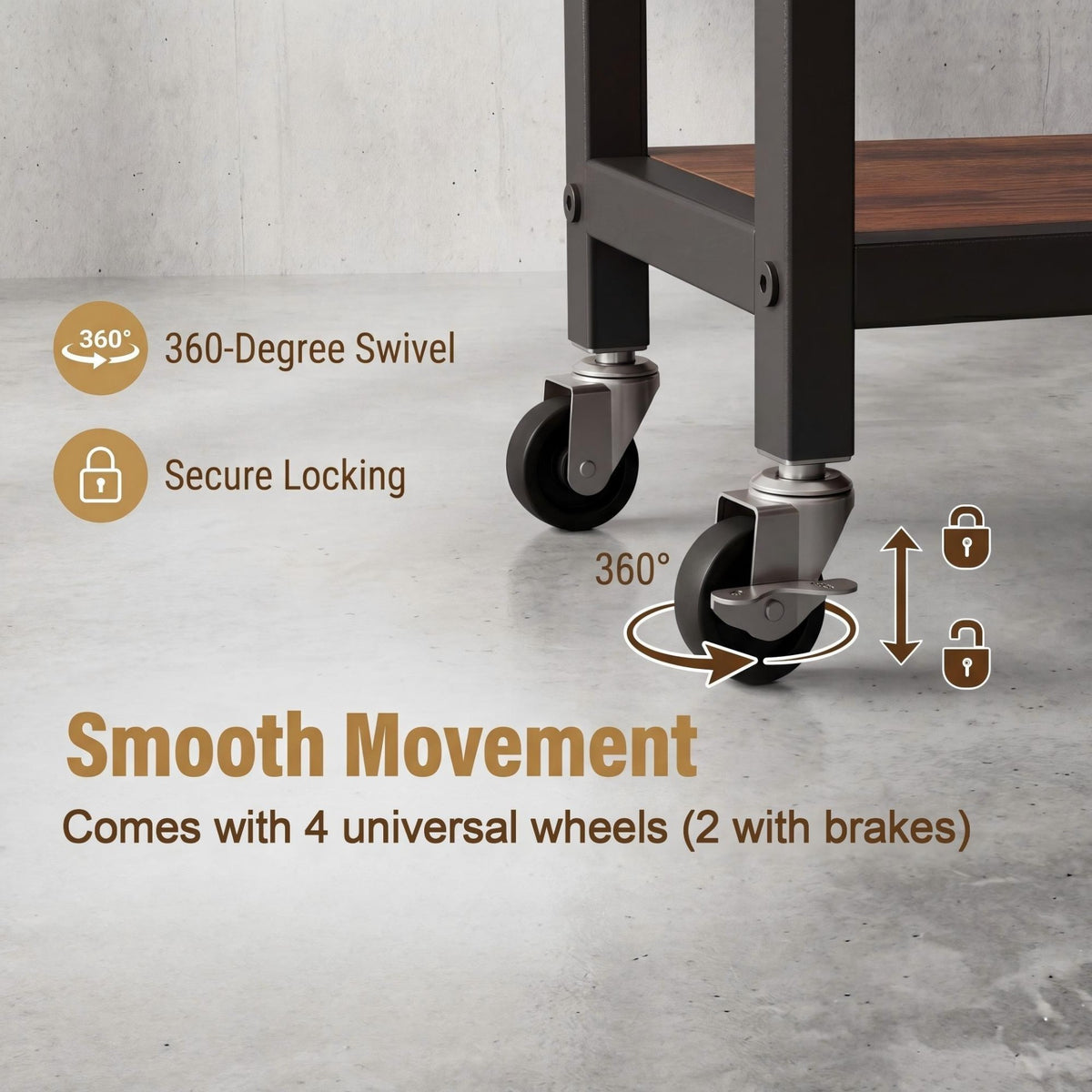3-Tier Rolling Printer Stand with Storage Shelves and Hooks-Rustic Brown