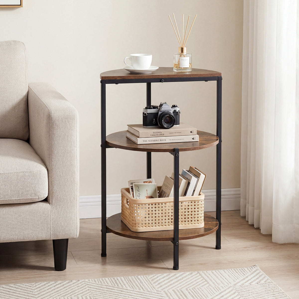 3-Tier Round Side Table with Storage Shelves and Metal Frame for Small Spaces-Rustic Brown
