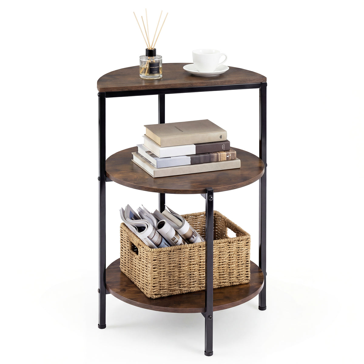 3-Tier Round Side Table with Storage Shelves and Metal Frame for Small Spaces-Rustic Brown