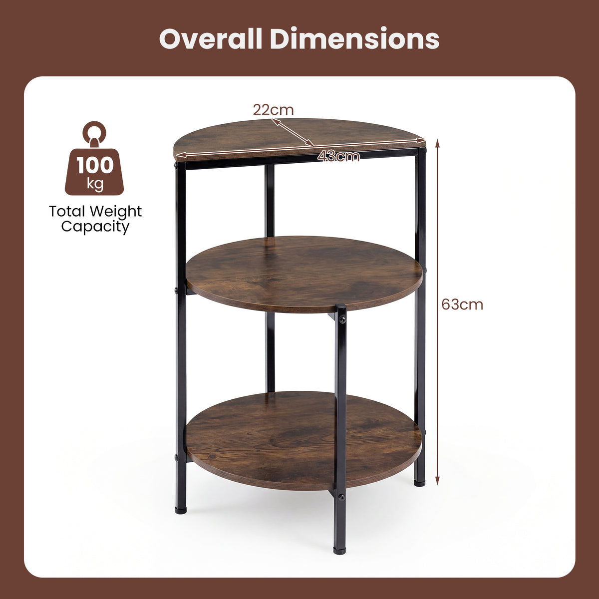 3-Tier Round Side Table with Storage Shelves and Metal Frame for Small Spaces-Rustic Brown