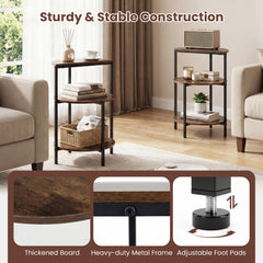 3-Tier Round Side Table with Storage Shelves and Metal Frame for Small Spaces-Rustic Brown