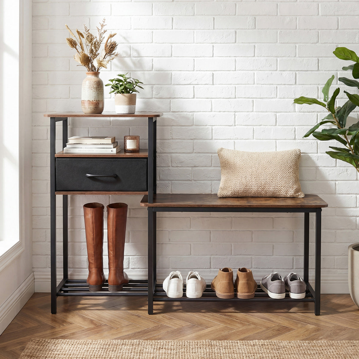 3-Tier Shoe Rack Bench Industrial Shoe Storage Bench with Drawer and Metal Frame for Living Room Mudroom-Brown