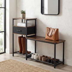 3-Tier Shoe Rack Bench Industrial Shoe Storage Bench with Drawer and Metal Frame for Living Room Mudroom-Brown