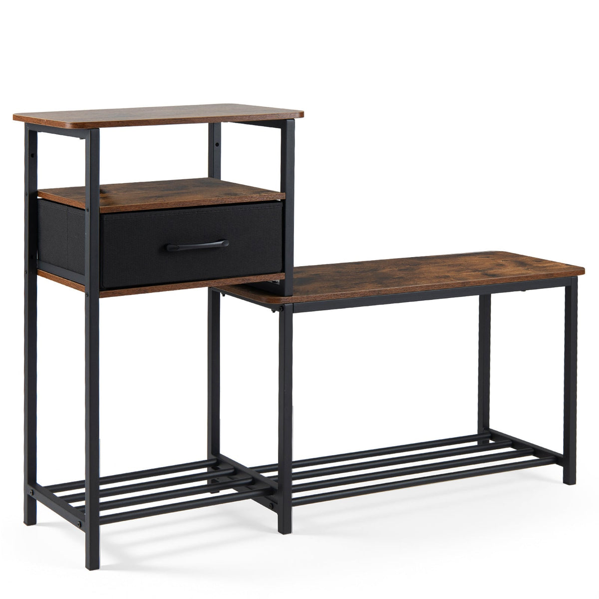 3-Tier Shoe Rack Bench Industrial Shoe Storage Bench with Drawer and Metal Frame for Living Room Mudroom-Brown