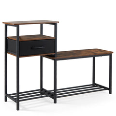 3-Tier Shoe Rack Bench Industrial Shoe Storage Bench with Drawer and Metal Frame for Living Room Mudroom-Brown