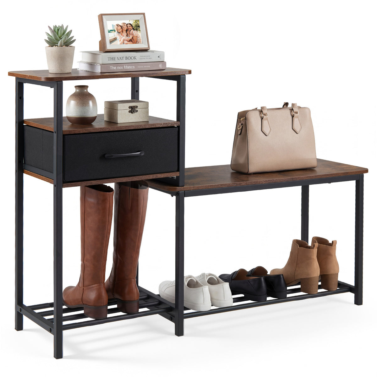 3-Tier Shoe Rack Bench Industrial Shoe Storage Bench with Drawer and Metal Frame for Living Room Mudroom-Brown