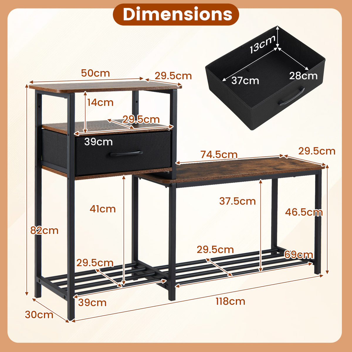 3-Tier Shoe Rack Bench Industrial Shoe Storage Bench with Drawer and Metal Frame for Living Room Mudroom-Brown