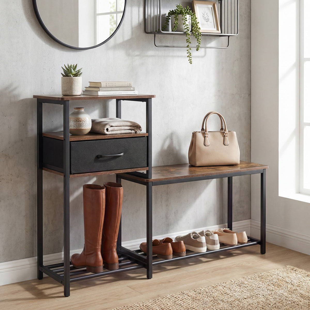 3-Tier Shoe Rack Bench Industrial Shoe Storage Bench with Drawer and Metal Frame for Living Room Mudroom-Brown