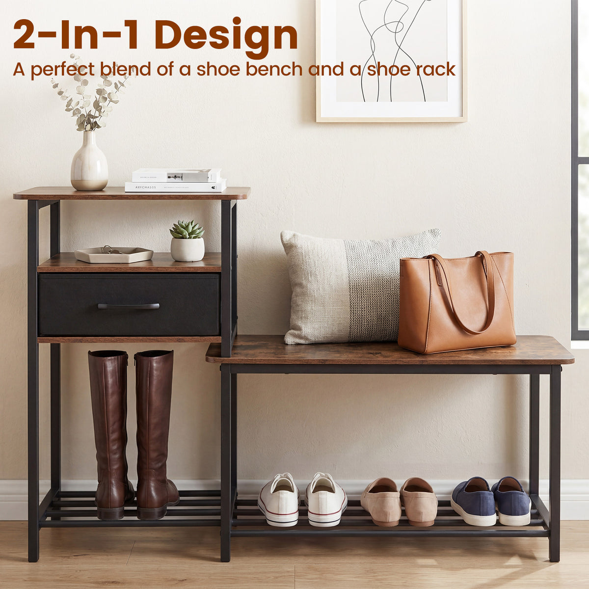 3-Tier Shoe Rack Bench Industrial Shoe Storage Bench with Drawer and Metal Frame for Living Room Mudroom-Brown