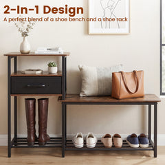 3-Tier Shoe Rack Bench Industrial Shoe Storage Bench with Drawer and Metal Frame for Living Room Mudroom-Brown