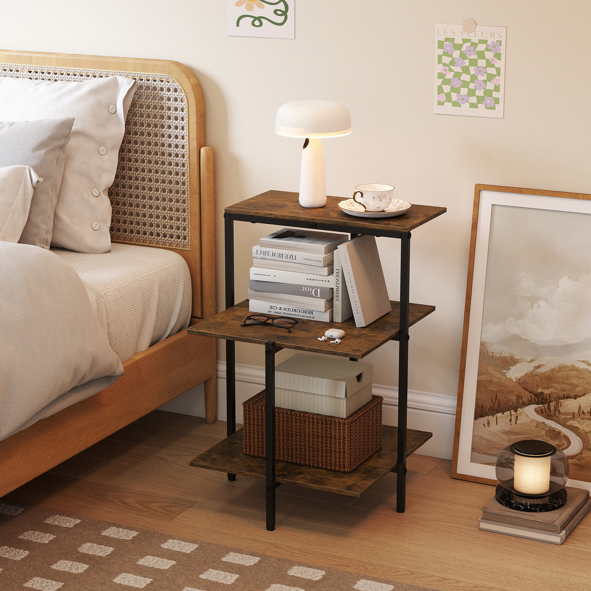 3-Tier Side Table Square End Table with Open Storage Shelves-RusticBrown