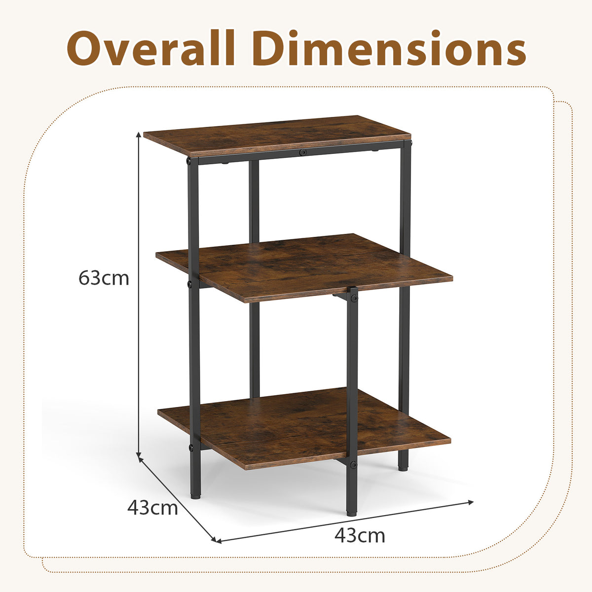 3-Tier Side Table Square End Table with Open Storage Shelves-RusticBrown