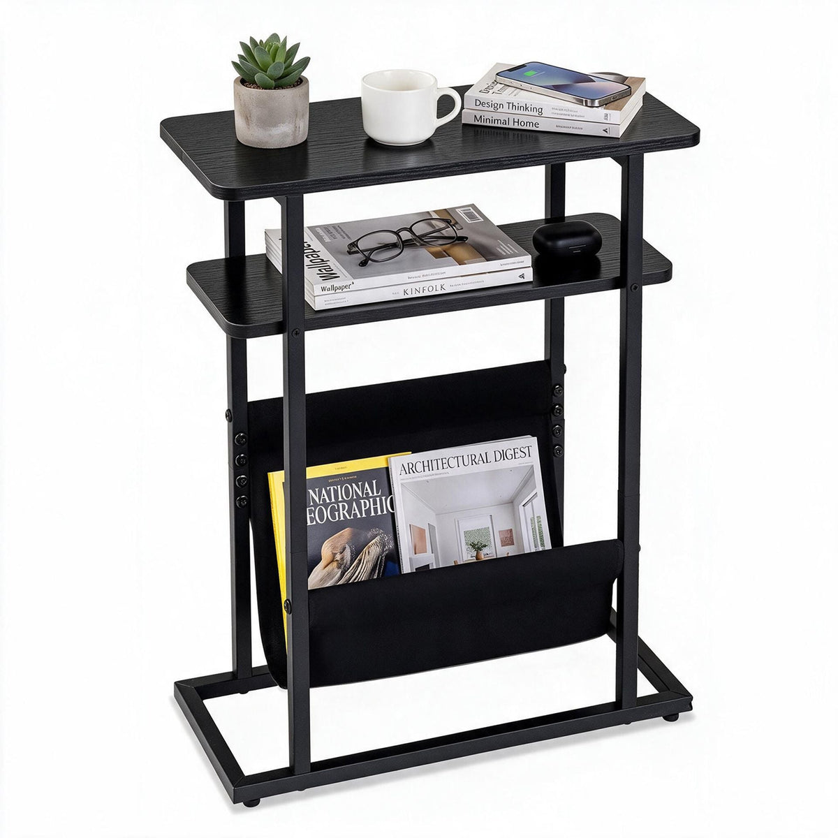 3-Tier Slim Narrow Side Table with Magazine Holder and Storage Shelf for Small Space-Black