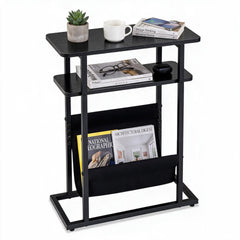 3-Tier Slim Narrow Side Table with Magazine Holder and Storage Shelf for Small Space-Black