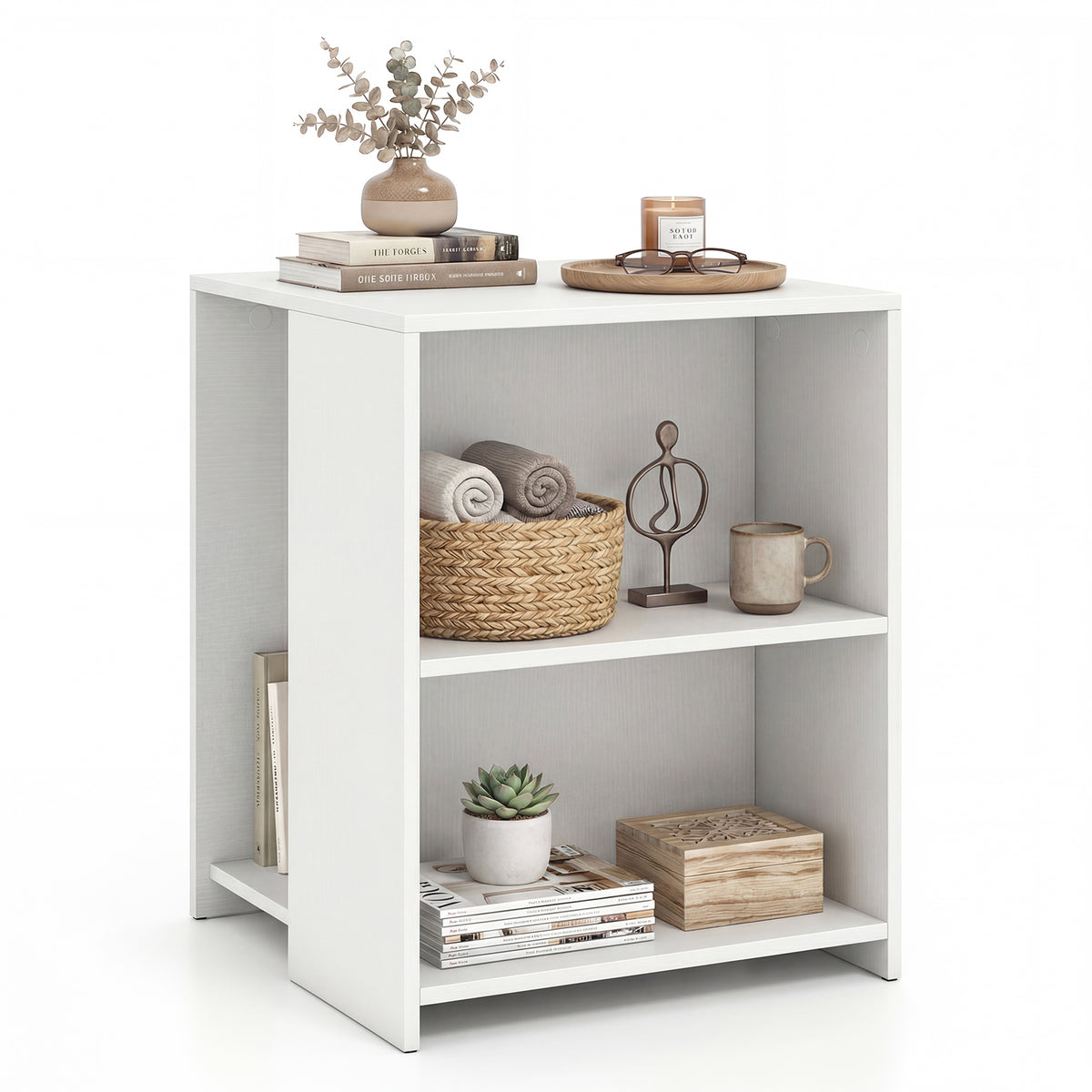 3-Tier Square Wooden End Table with Open Storage Shelves-White