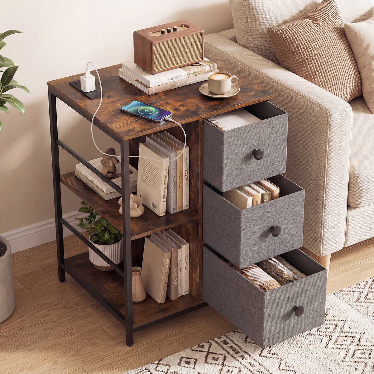 3-Tier Storage Cabinet with Charging Hub and Storage Shelf-Rustic Brown