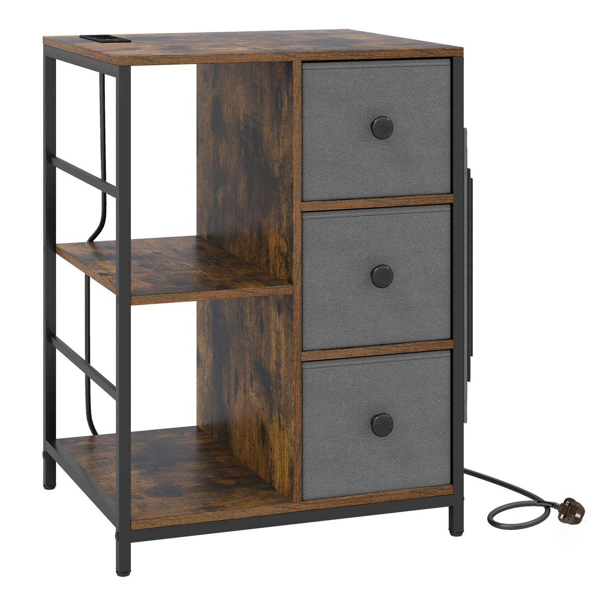3-Tier Storage Cabinet with Charging Hub and Storage Shelf-Rustic Brown