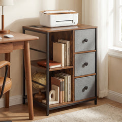 3-Tier Storage Cabinet with Charging Hub and Storage Shelf-Rustic Brown
