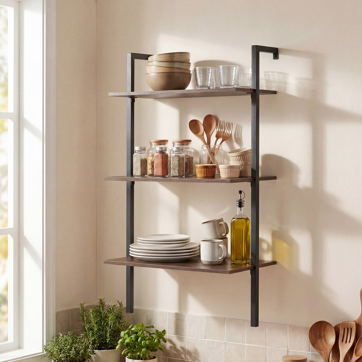3-Tier Wall Mounted Shelves for Living Room Home Office-Rustic Brown