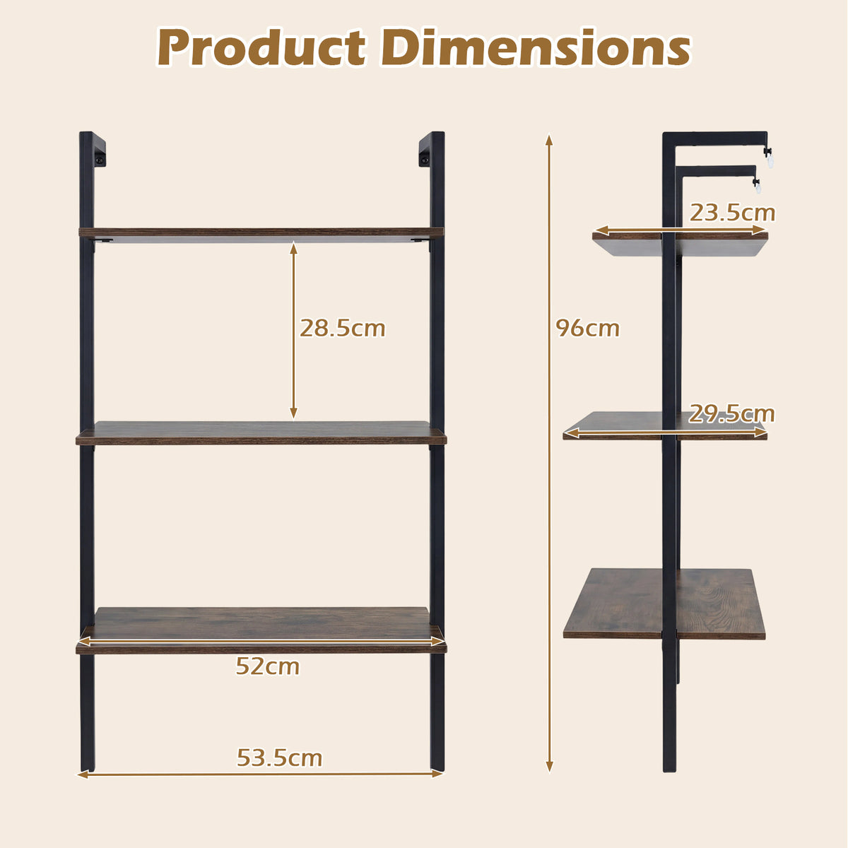 3-Tier Wall Mounted Shelves for Living Room Home Office-Rustic Brown