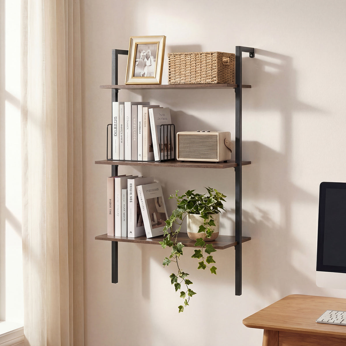 3-Tier Wall Mounted Shelves for Living Room Home Office-Rustic Brown