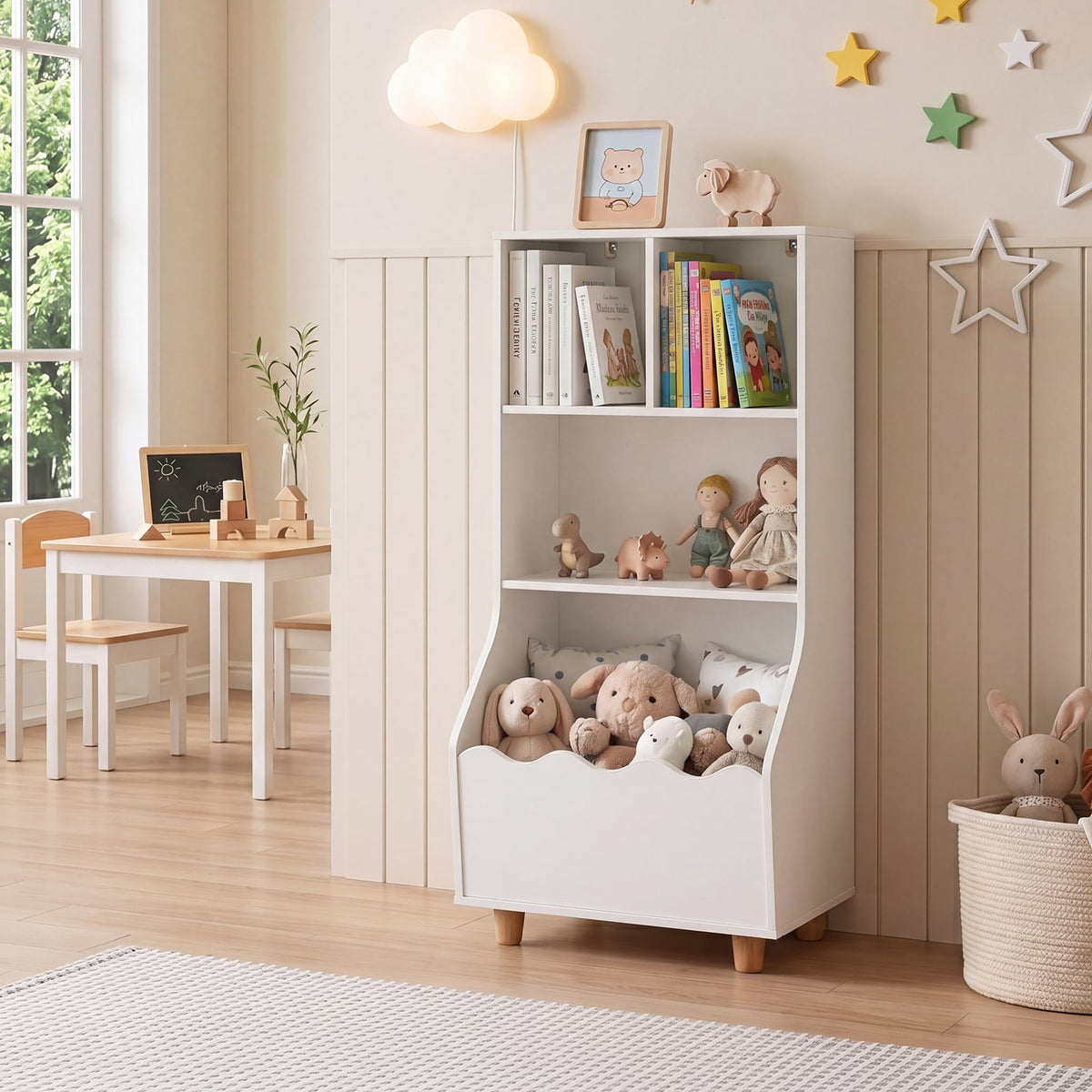 3-Tier Wooden Bookshelf with 2 Anti-Toppling Devices Top Surface and 3 Compartments-White