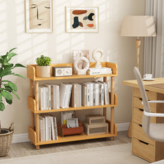 3-Tier Wooden Bookshelf with Sturdy Pine Wood Posts and Elevated Guardrails for Living Room-Natrual