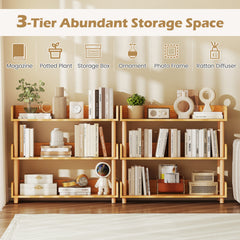 3-Tier Wooden Bookshelf with Sturdy Pine Wood Posts and Elevated Guardrails for Living Room-Natrual