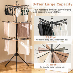 3-Tier Folding Clothes Drying Rack Tripod Laundry Drying Rack-Black