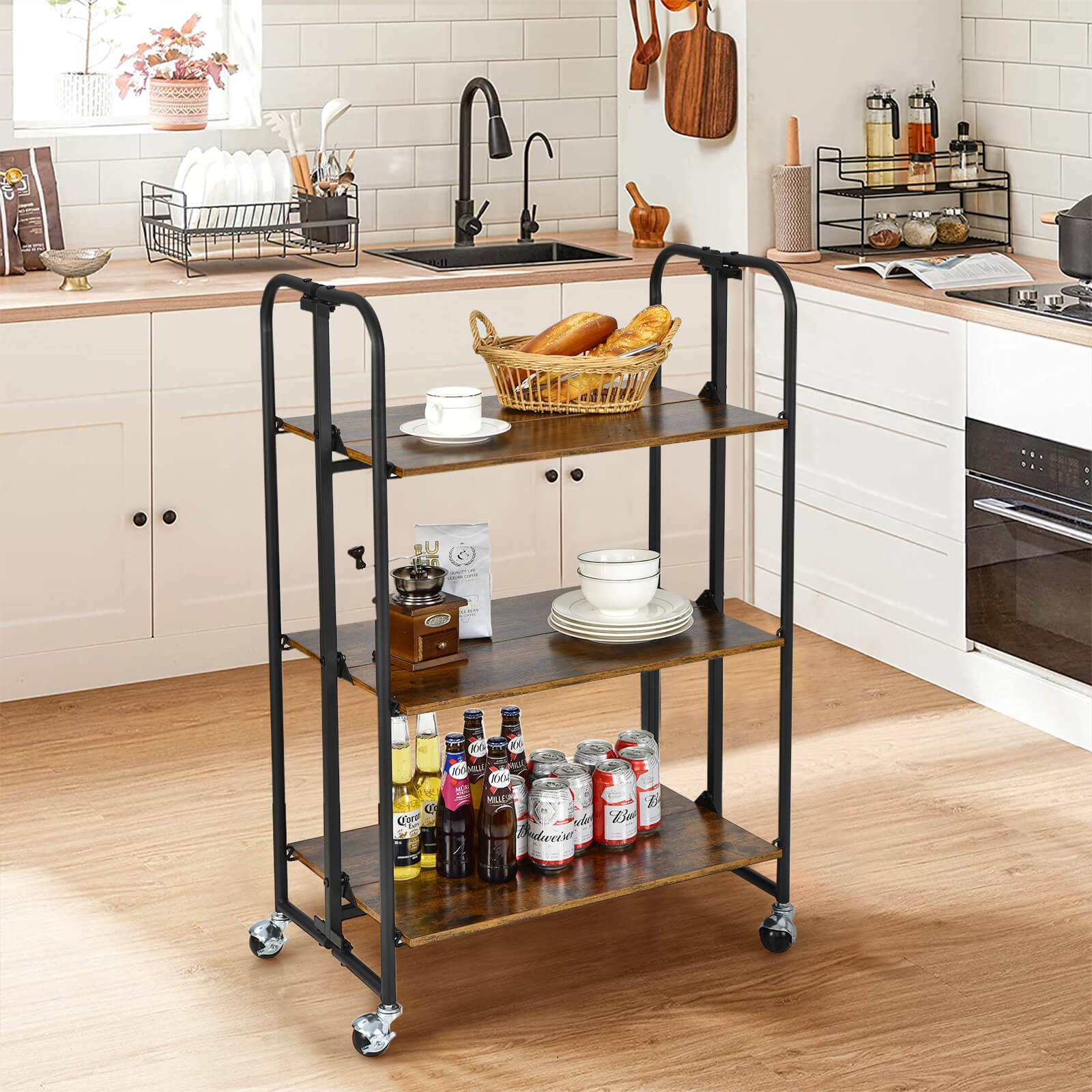 3-Tier Folding Kitchen Island Cart with Metal Frame