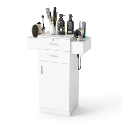 3-Tier Locking Salon Storage Cabinet with 2 Drawers and 6 Hair Dryer Holders-White